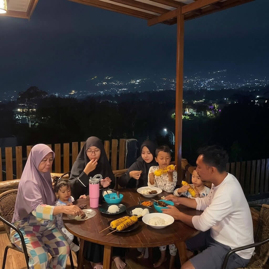 Suasana malam tempat glamping di Puncak dengan area api unggun dan lampu hias